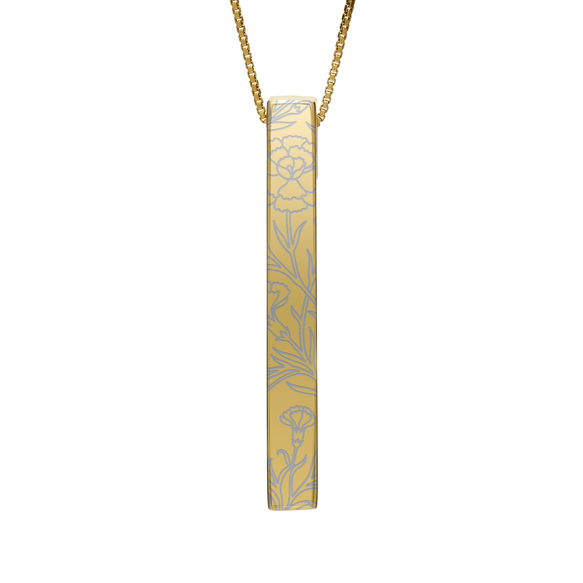 January Carnation necklace in 14K gold plated, carnation pattern front view