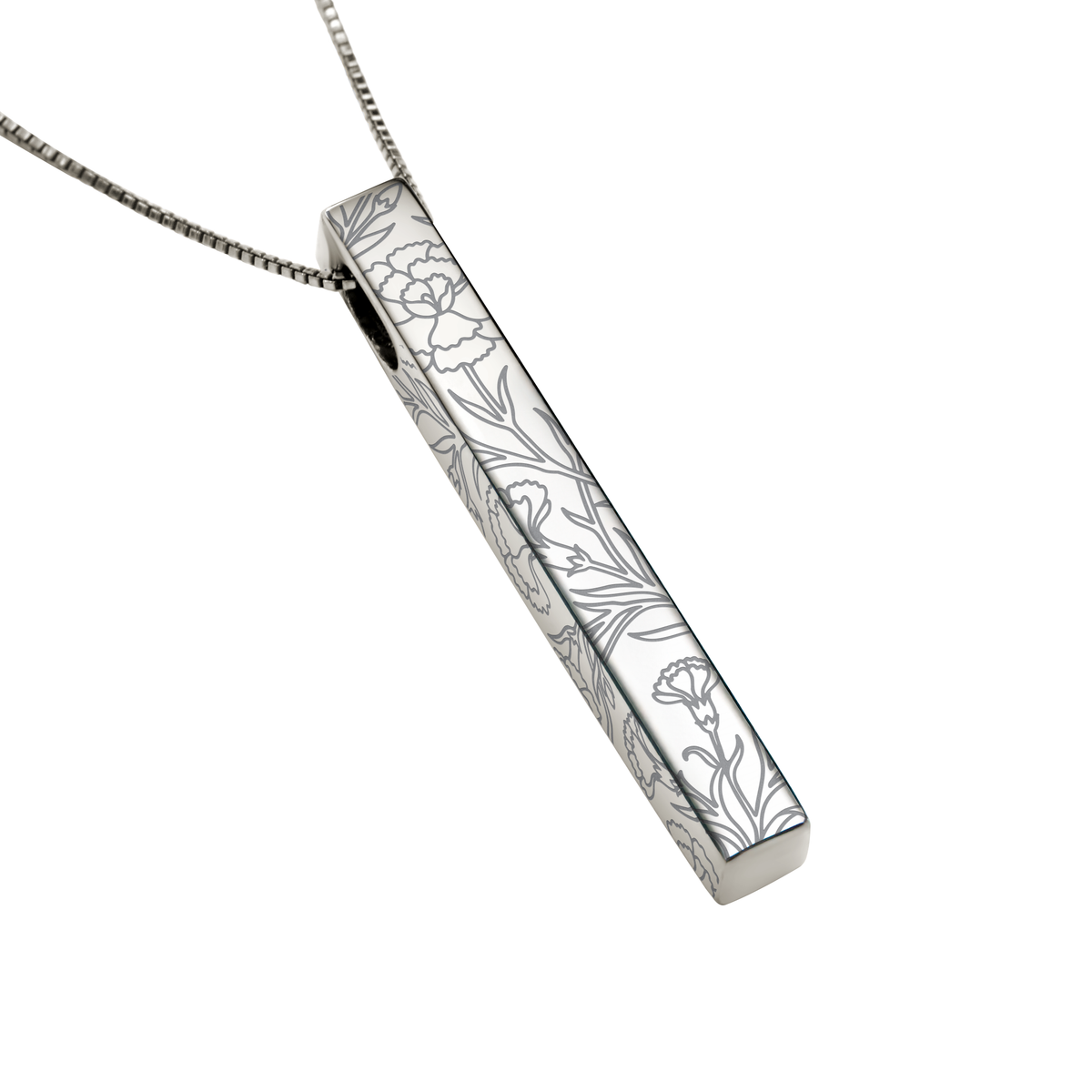 January Carnation necklace in stainless steel, carnation pattern angled view