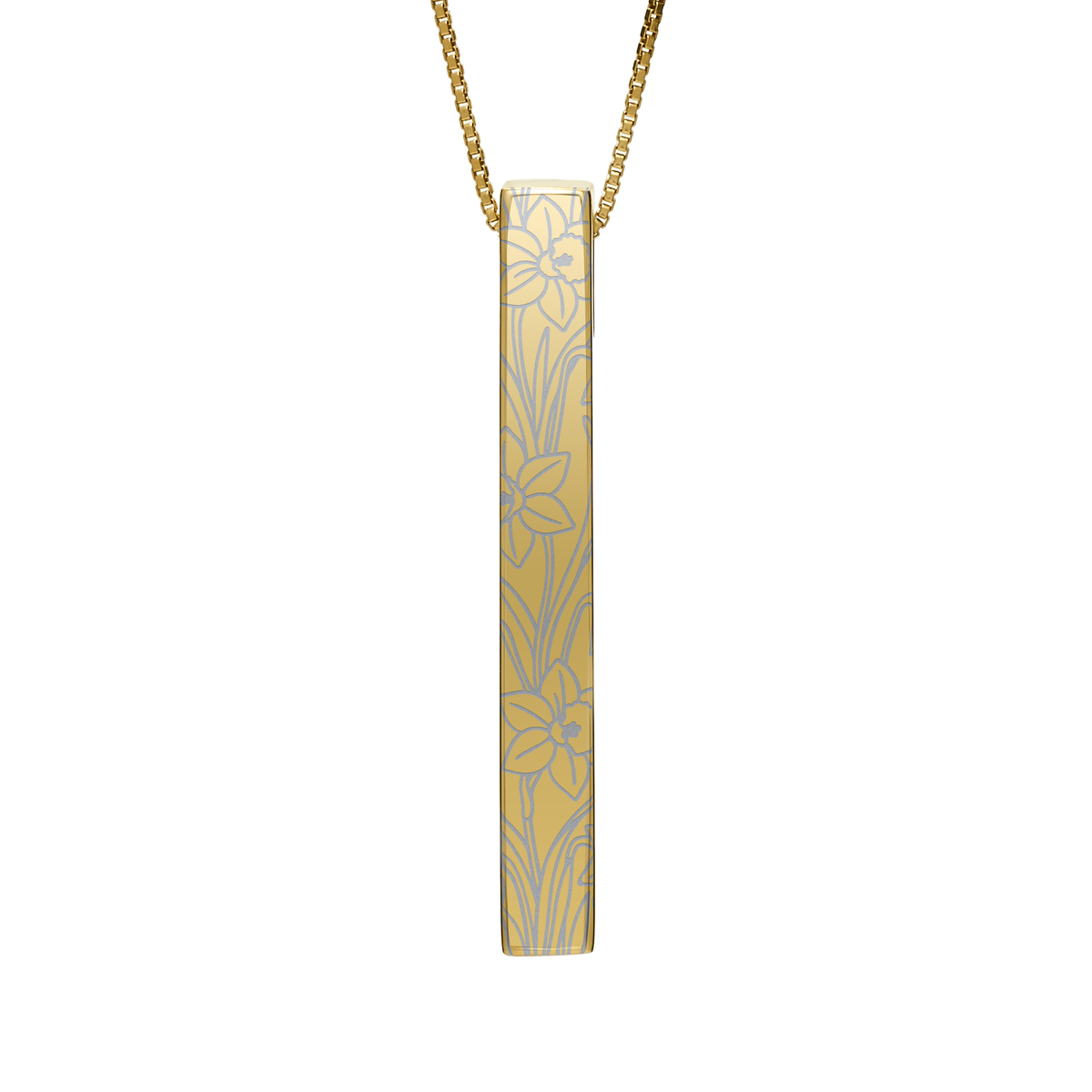March Daffodil necklace in 14K gold plated, daffodil pattern front view