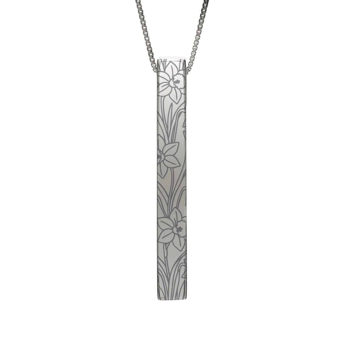 March Daffodil necklace in stainless steel, daffodil pattern front view
