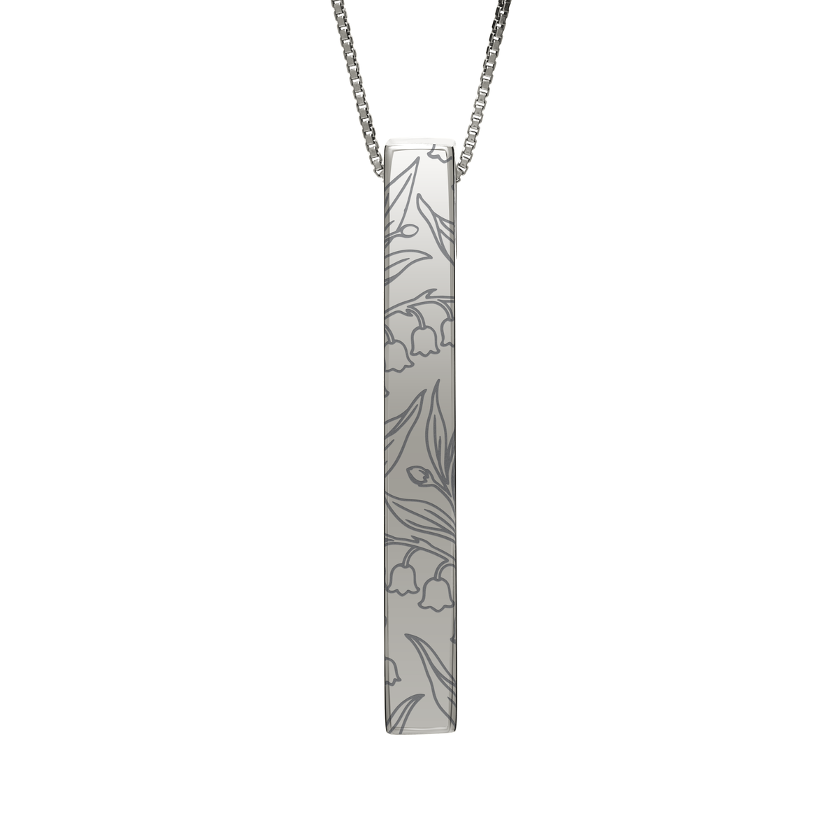 May Lily of the Valley necklace in stainless steel, lily of the valley pattern front view