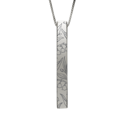 May Lily of the Valley necklace in stainless steel, lily of the valley pattern front view