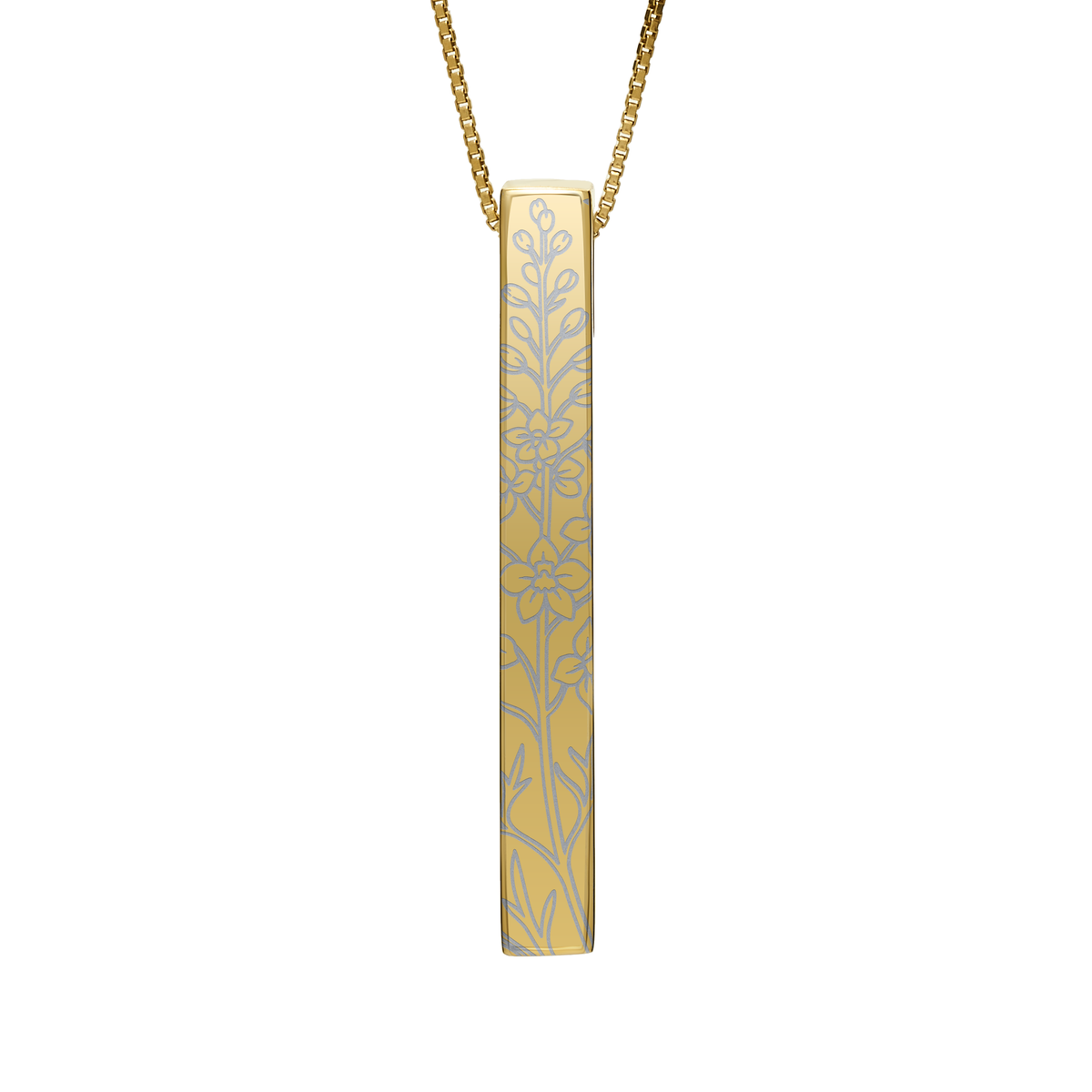 July Larkspur necklace in 14K gold plated, larkspur pattern front view