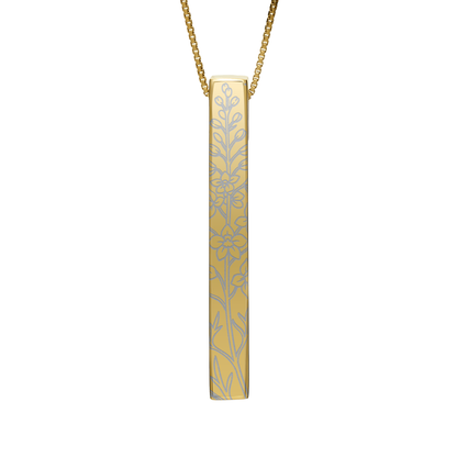 July Larkspur necklace in 14K gold plated, larkspur pattern front view