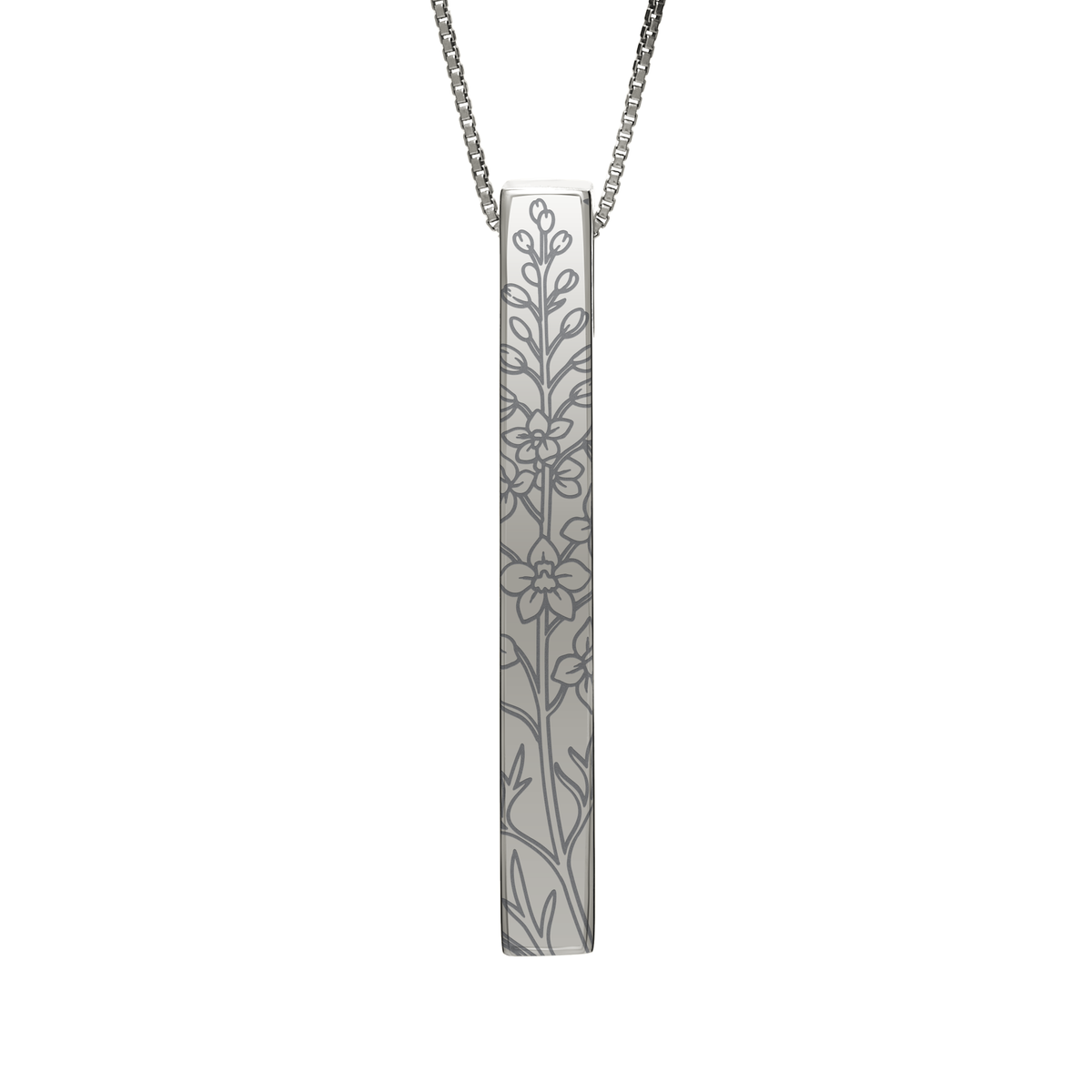 July Larkspur necklace in stainless steel, larkspur pattern front view