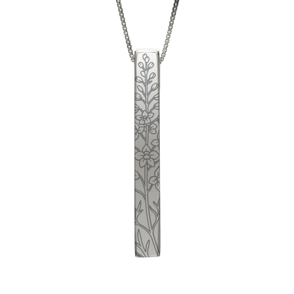July Larkspur necklace in stainless steel, larkspur pattern front view