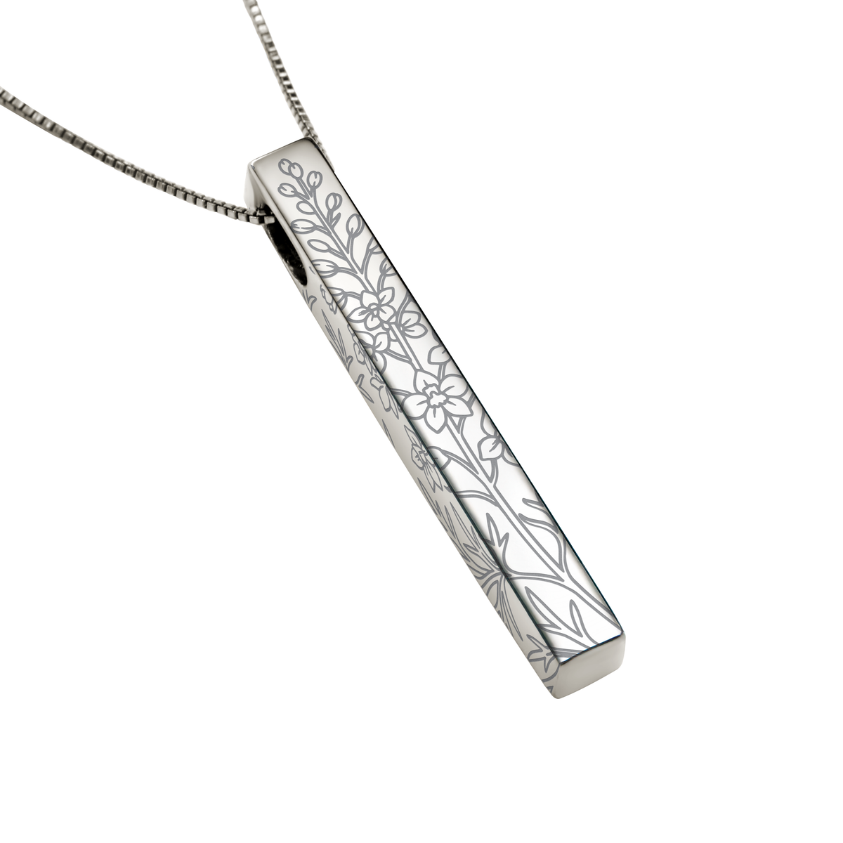 July Larkspur necklace in stainless steel, larkspur pattern