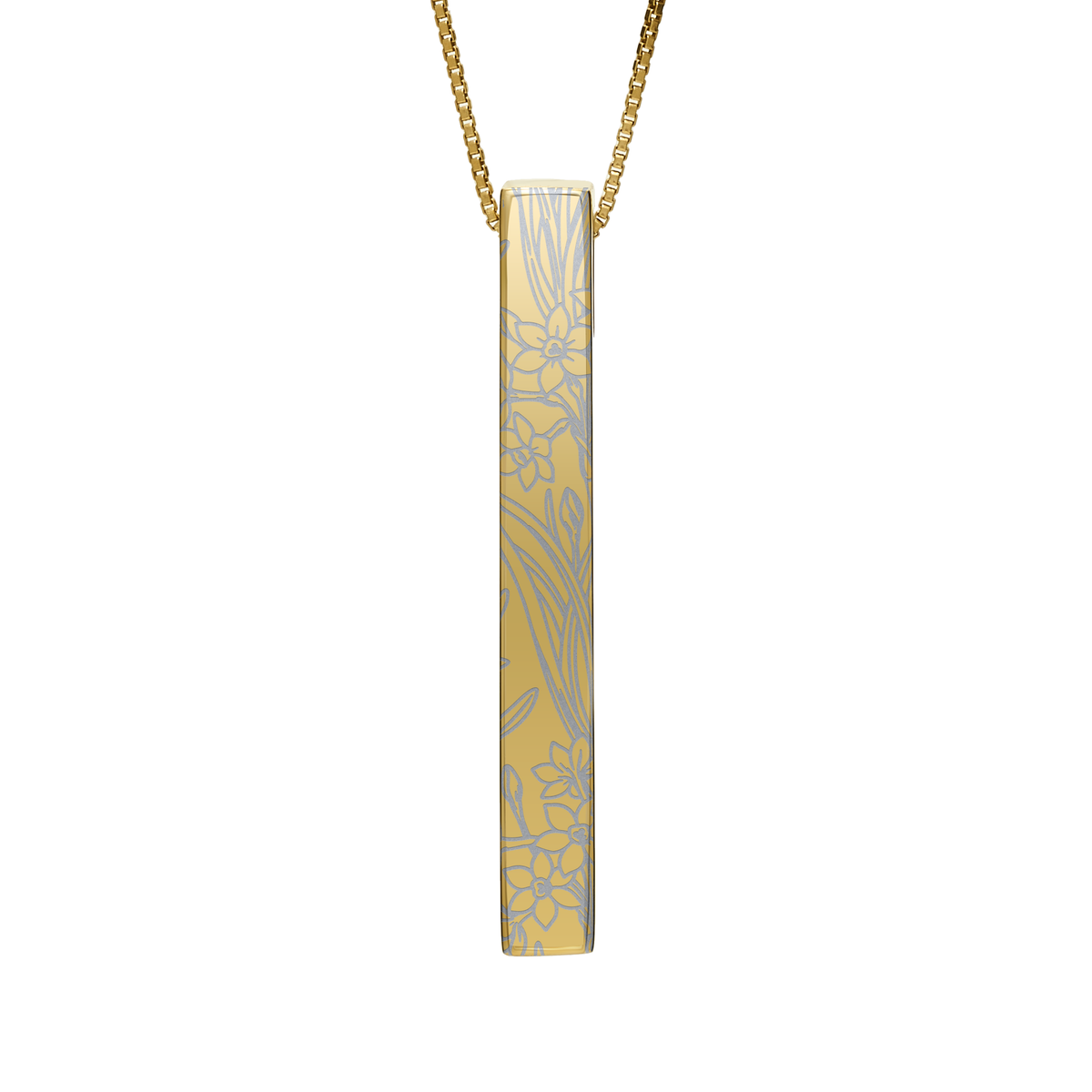 December Narcissus necklace in 14K gold plated, narcissus pattern front view