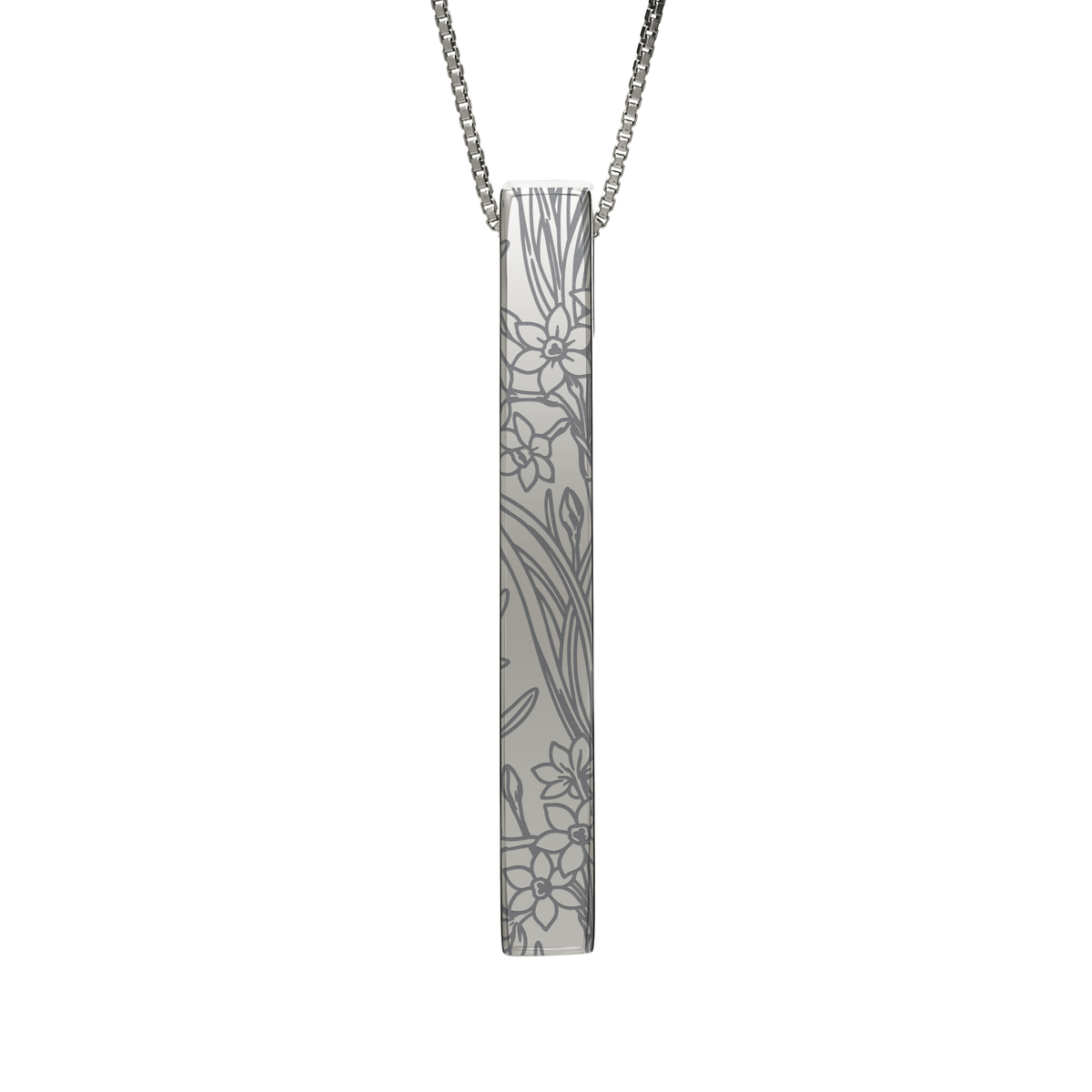 December Narcissus necklace in stainless steel, narcissus pattern front view