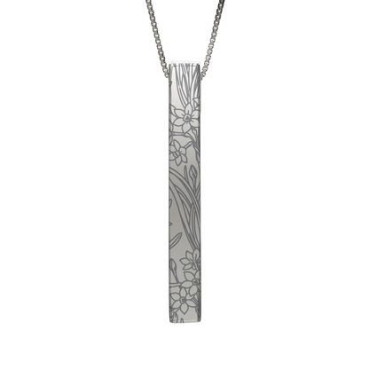 December Narcissus necklace in stainless steel, narcissus pattern front view